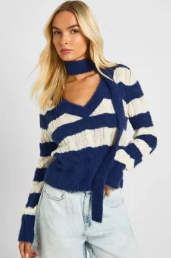 Pull à col en V ultra doux à rayures épaisses et foulard