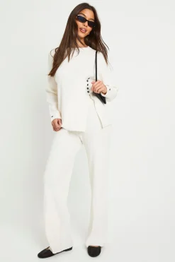 boohoo Pull à col rond avec ourlet boutonné en côtes épaisses et pantalon coordonné à jambe droite<Femme Pulls Et Gilets|Toutes Les Mailles