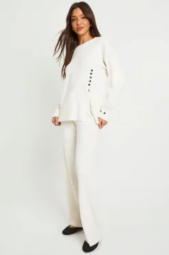 boohoo Pull à col rond avec ourlet boutonné en côtes épaisses et pantalon coordonné à jambe droite<Femme Pulls Et Gilets|Toutes Les Mailles