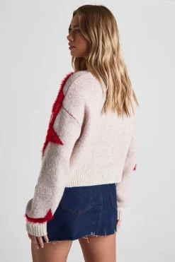 Pull col rond en tricot duveteux à imprimé étoile