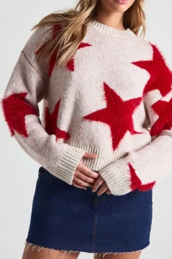 Pull col rond en tricot duveteux à imprimé étoile