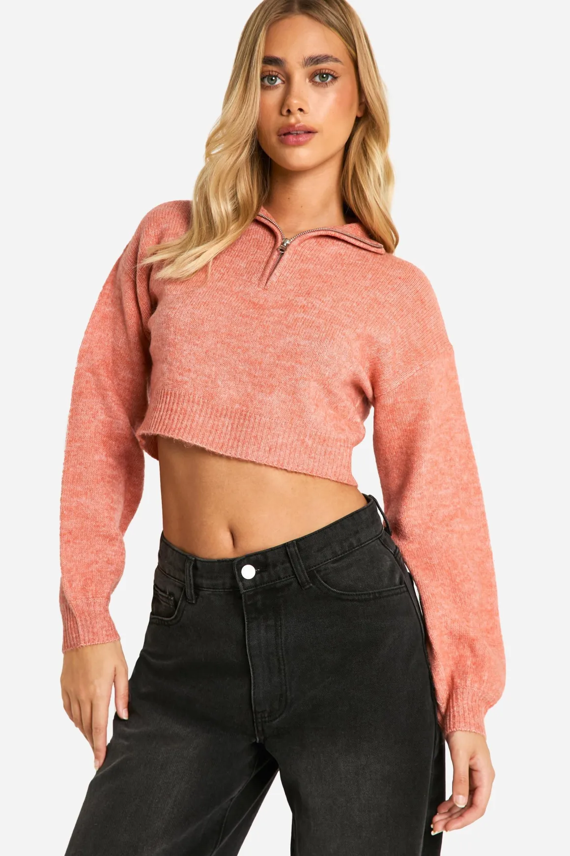 Pull court crop en maille douce à demi-zip