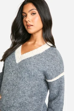 boohoo Pull de maternité en maille douce à détails contrastés et col en V<Femme Pulls Et Gilets|Toutes Les Mailles