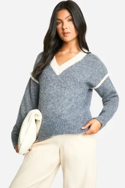 boohoo Pull de maternité en maille douce à détails contrastés et col en V<Femme Pulls Et Gilets|Toutes Les Mailles