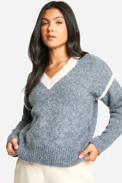 boohoo Pull de maternité en maille douce à détails contrastés et col en V<Femme Pulls Et Gilets|Toutes Les Mailles