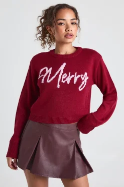 boohoo Pull de Noël court Merry Slogan<Femme Pulls Et Gilets|Toutes Les Mailles