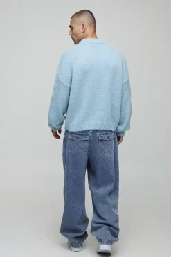 boohooMAN Pull en maille brossée à col étendu, coupe boxy<Homme Maille|Mailles