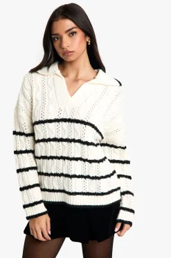 boohoo Pull en maille douce à motif torsadé et rayé, col polo, pull<Femme Pulls Et Gilets|Toutes Les Mailles