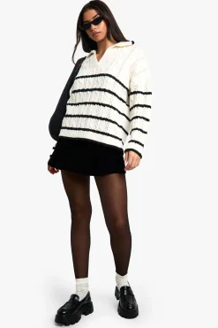 boohoo Pull en maille douce à motif torsadé et rayé, col polo, pull<Femme Pulls Et Gilets|Toutes Les Mailles