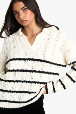 boohoo Pull en maille douce à motif torsadé et rayé, col polo, pull<Femme Pulls Et Gilets|Toutes Les Mailles