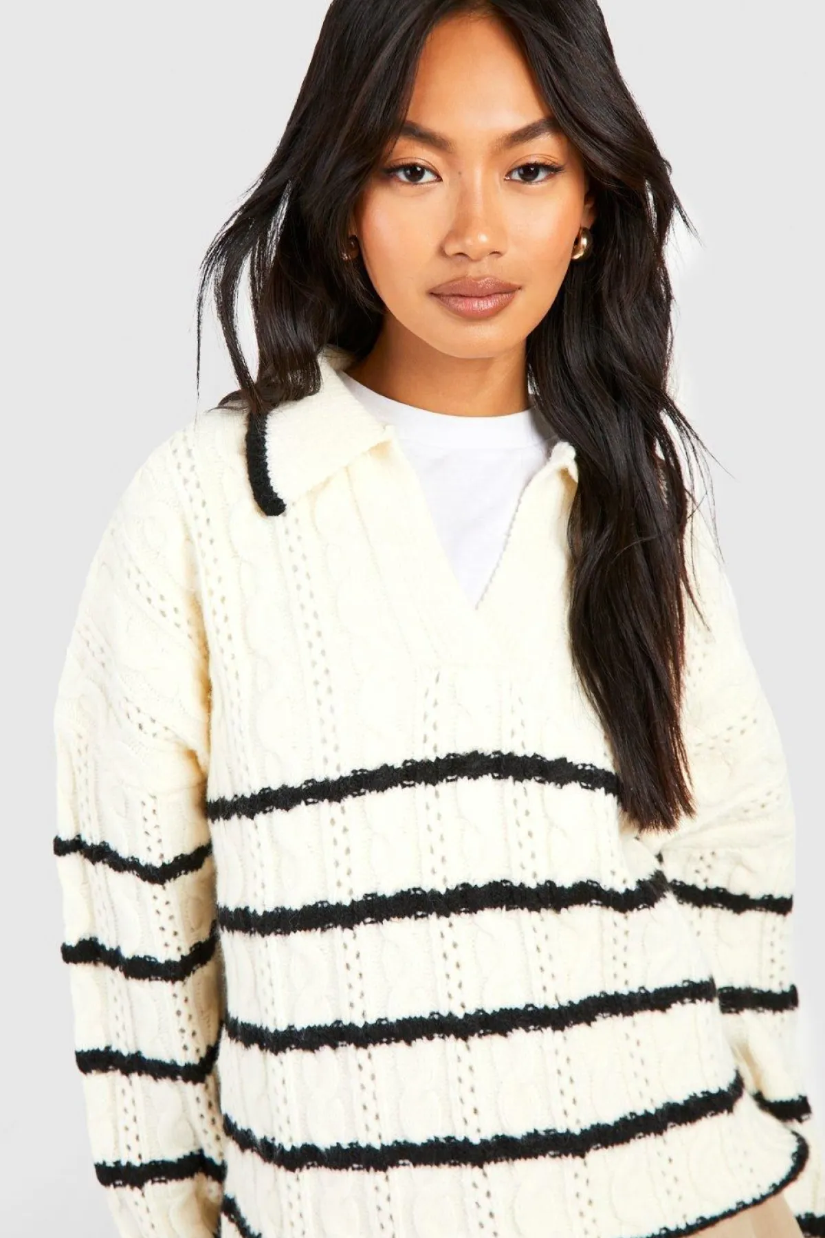 boohoo Pull en maille douce à motif torsadé et rayé, col polo, pull<Femme Pulls Et Gilets|Toutes Les Mailles