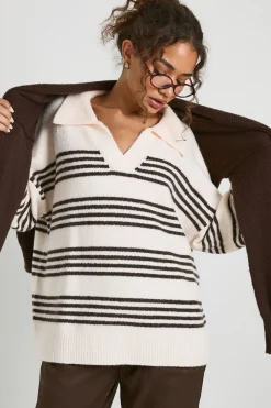 boohoo Pull en maille douce à rayures et col polo<Femme Pulls Et Gilets|Toutes Les Mailles