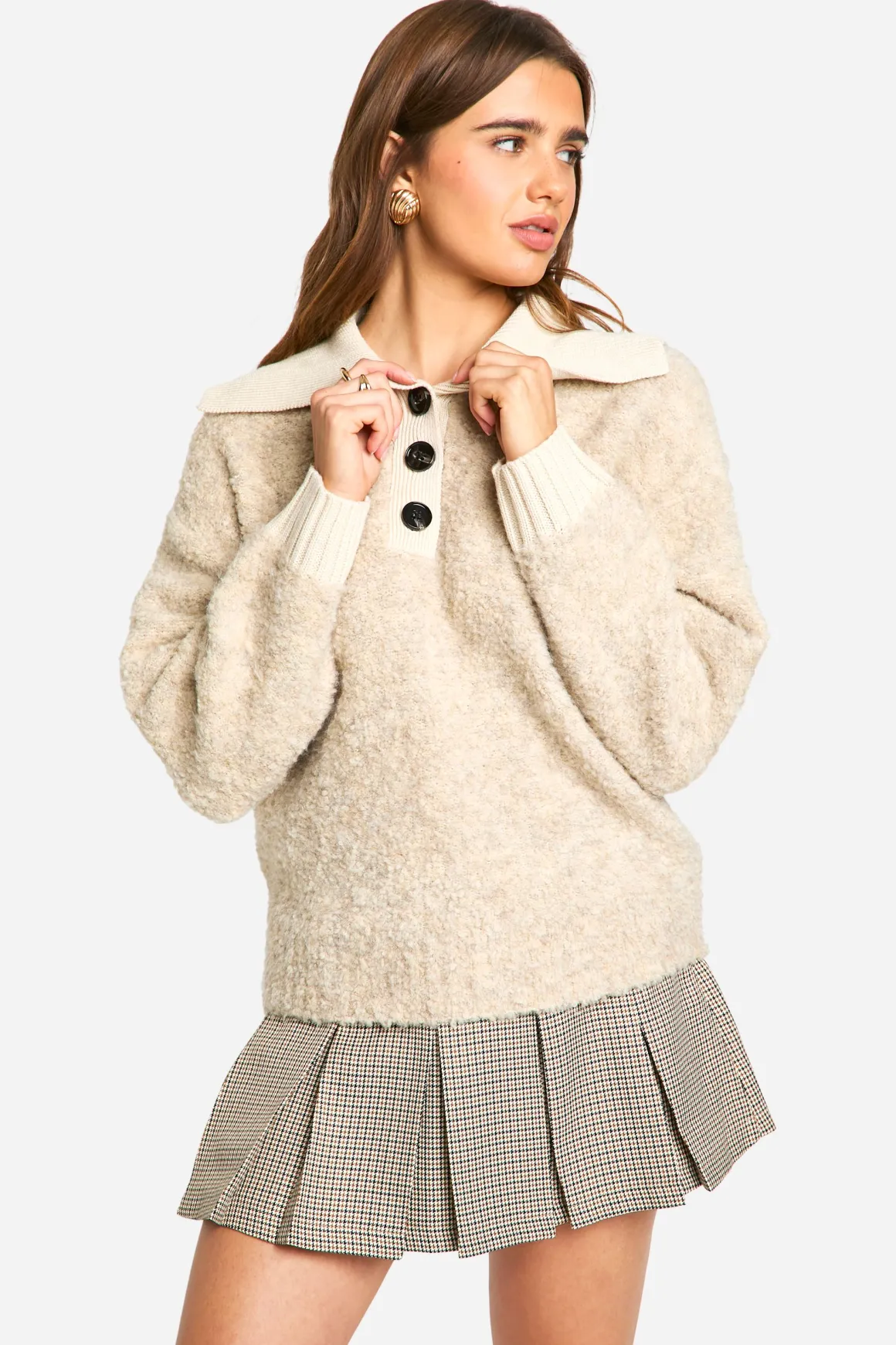 Pull en maille oversize à col côtelé et boutonné
