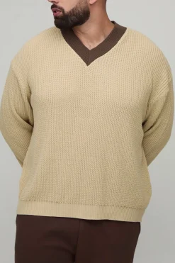 Pull en maille oversize à col en V contrasté