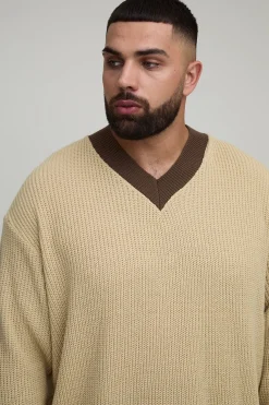 Pull en maille oversize à col en V contrasté
