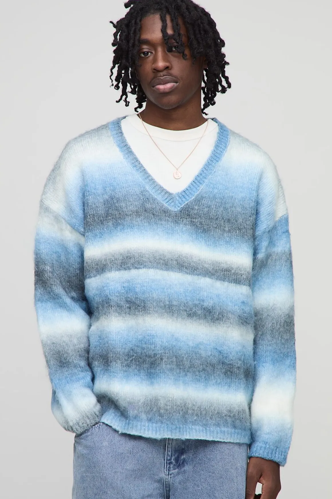 Pull en maille surdimensionné, ample, rayé brossé avec col en V