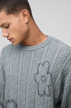 boohooMAN Pull en maille torsadée surdimensionné à motif floral et col rond<Homme Maille|Mailles