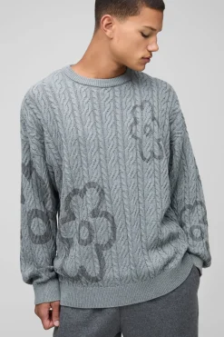 boohooMAN Pull en maille torsadée surdimensionné à motif floral et col rond<Homme Maille|Mailles