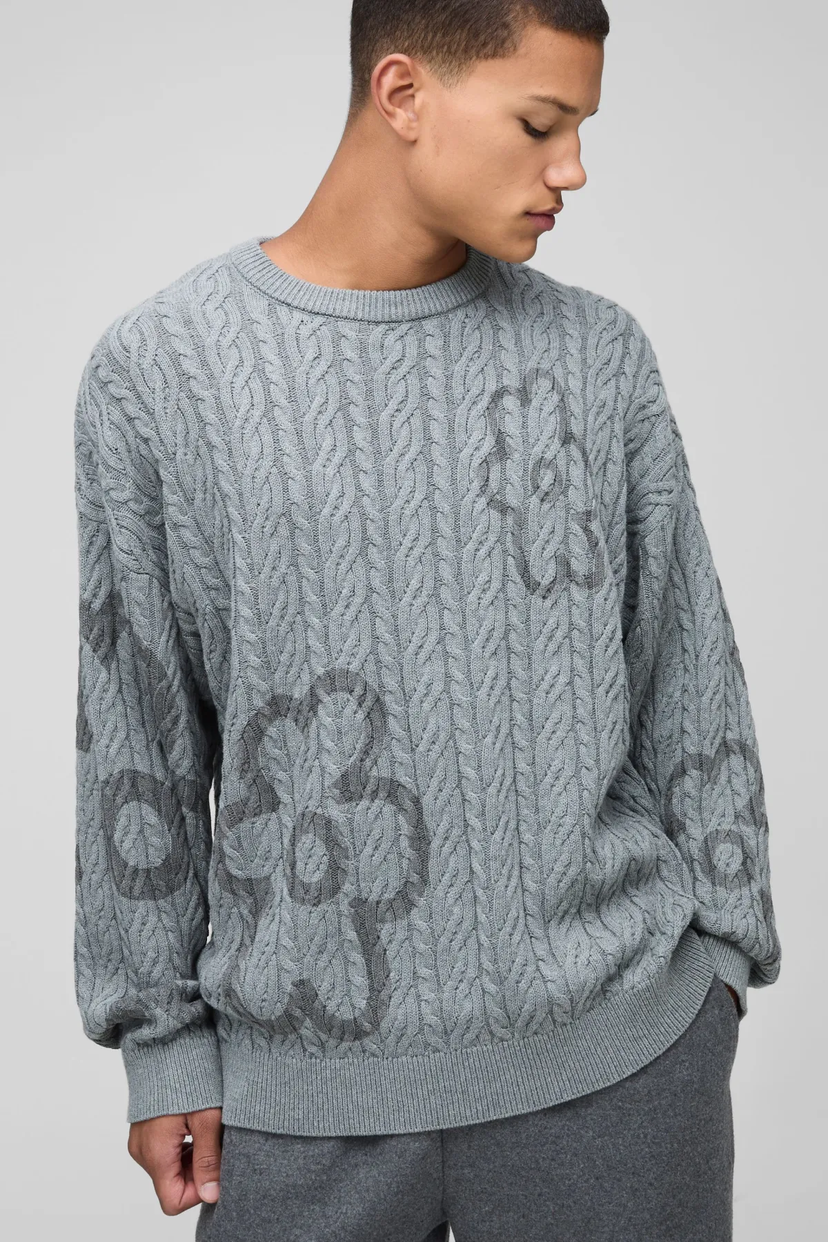 boohooMAN Pull en maille torsadée surdimensionné à motif floral et col rond<Homme Maille|Mailles