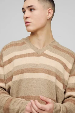 Pull en maille tricotée oversize à coupe boxy, col en V et rayures