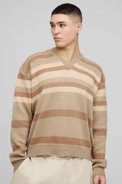 Pull en maille tricotée oversize à coupe boxy, col en V et rayures