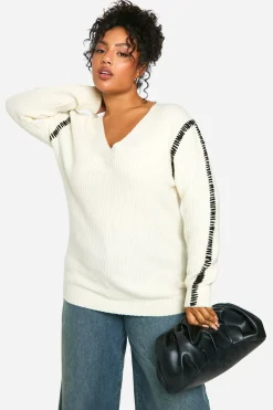 Pull long Premium Plus à col en V avec garniture contrastante