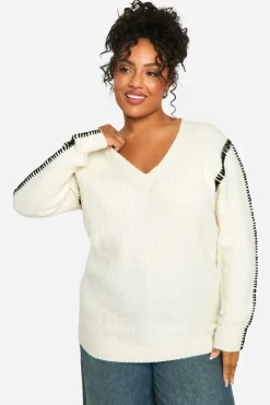 Pull long Premium Plus à col en V avec garniture contrastante