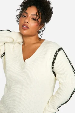 Pull long Premium Plus à col en V avec garniture contrastante