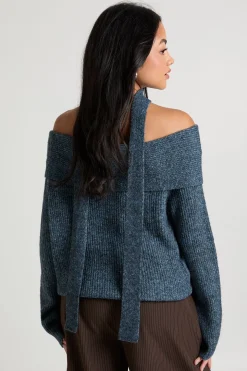Pull-over Bardot oversize en tricot marl et cravate