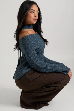 Pull-over Bardot oversize en tricot marl et cravate