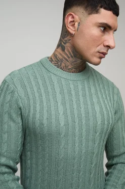 Pull-over à col rond en maille torsadée, coupe musclée, grande taille