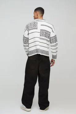 Pull-over polo tricoté à motif brossé, surdimensionné et à coupe boxy