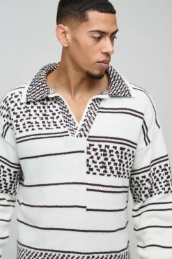 Pull-over polo tricoté à motif brossé, surdimensionné et à coupe boxy