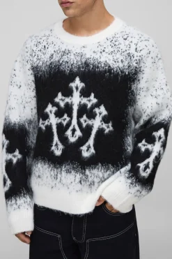 boohooMAN Pull oversize à coupe carrée, en maille jacquard croisée et duveteuse<Homme Maille|Mailles