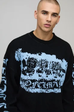 boohooMAN Pull-over tricoté brossé graphique surdimensionné et de coupe carrée OFCL Grills<Homme Maille|Mailles