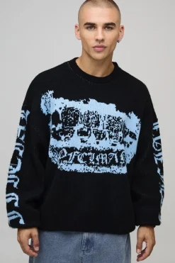 boohooMAN Pull-over tricoté brossé graphique surdimensionné et de coupe carrée OFCL Grills<Homme Maille|Mailles