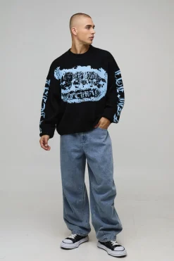 boohooMAN Pull-over tricoté brossé graphique surdimensionné et de coupe carrée OFCL Grills<Homme Maille|Mailles