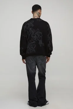 Pull-over tricoté grand, à coupe carrée, surdimensionné, duveteux et à motif floral jacquard