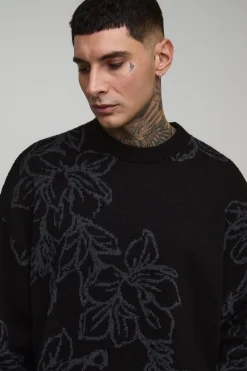 Pull-over tricoté grand, à coupe carrée, surdimensionné, duveteux et à motif floral jacquard