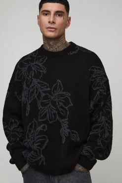 Pull-over tricoté grand, à coupe carrée, surdimensionné, duveteux et à motif floral jacquard