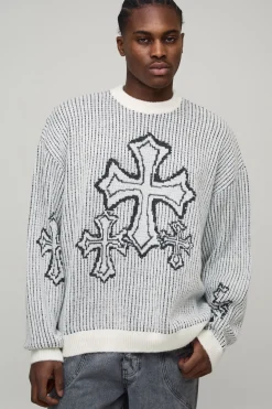Pull-over tricoté à jacquard croisé, grand, surdimensionné, carré et duveteux