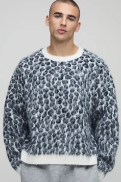 boohooMAN Pull-over tricoté oversize à coupe carrée en maille brossée à imprimé animal<Homme Maille|Mailles