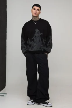 boohooMAN Pull-over tricoté oversize, taille longue, Renaissance, brodé, en jacquard<Homme Tout Afficher|Mailles Tall