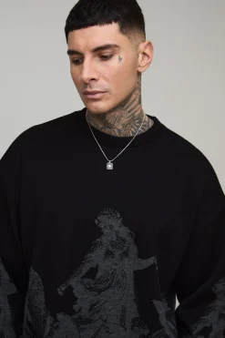 boohooMAN Pull-over tricoté oversize, taille longue, Renaissance, brodé, en jacquard<Homme Tout Afficher|Mailles Tall