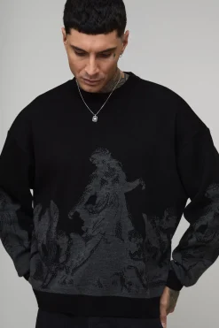 boohooMAN Pull-over tricoté oversize, taille longue, Renaissance, brodé, en jacquard<Homme Tout Afficher|Mailles Tall