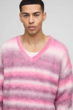 Pull surdimensionné, carré, en maille brossée à rayures et col en V