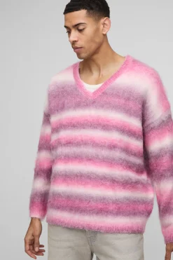 Pull surdimensionné, carré, en maille brossée à rayures et col en V