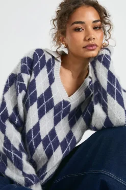 boohoo Pull surdimensionné en maille douce à col argyle<Femme Pulls Et Gilets|Toutes Les Mailles