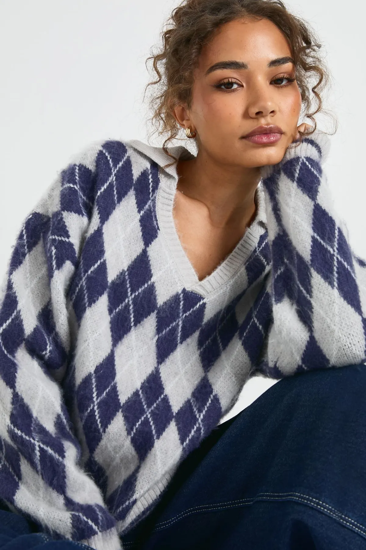 boohoo Pull surdimensionné en maille douce à col argyle<Femme Pulls Et Gilets|Toutes Les Mailles