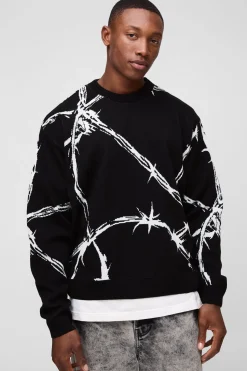 Pull surdimensionné à la coupe boxy en jacquard tricoté à motif de fil barbelé